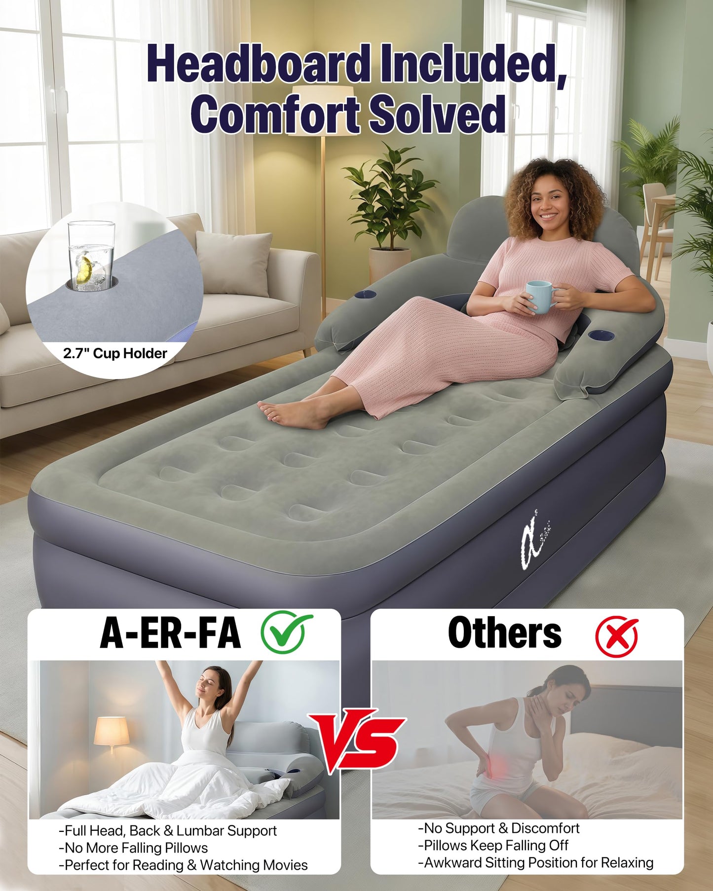 A-ER-FA Queen Air Mattress with Detachable Headboard and Cup Holder - 20 Height 700lbs Capacity Comfort Inflatable Bed for Guests Home Camping and Travel Durable Construction,Colchón Inflable,Air Bed