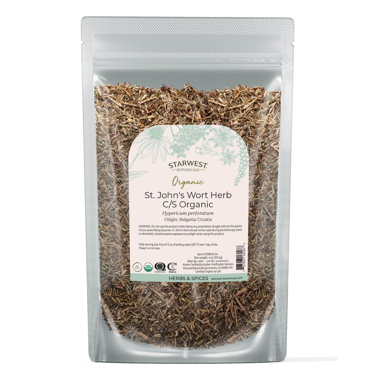 Starwest Botanicals Organic Dried St. John's Wort - Loose Leaf Herb for Tea, Made from St. John's Wort Flower, Cut & Sifted, Certified Kosher, Non-GMO - 4 oz Pouch