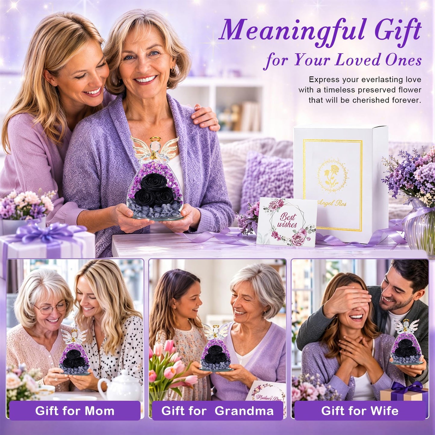 Beferr Mothers Day Mom Birthday Gifts for Women, Fresh Flowers for Delivery Forever Preserved Rose in Glass Angel Figurine, Anniversary Christian Real Rose for Grandma Nana Wife Mum from Daughter Son