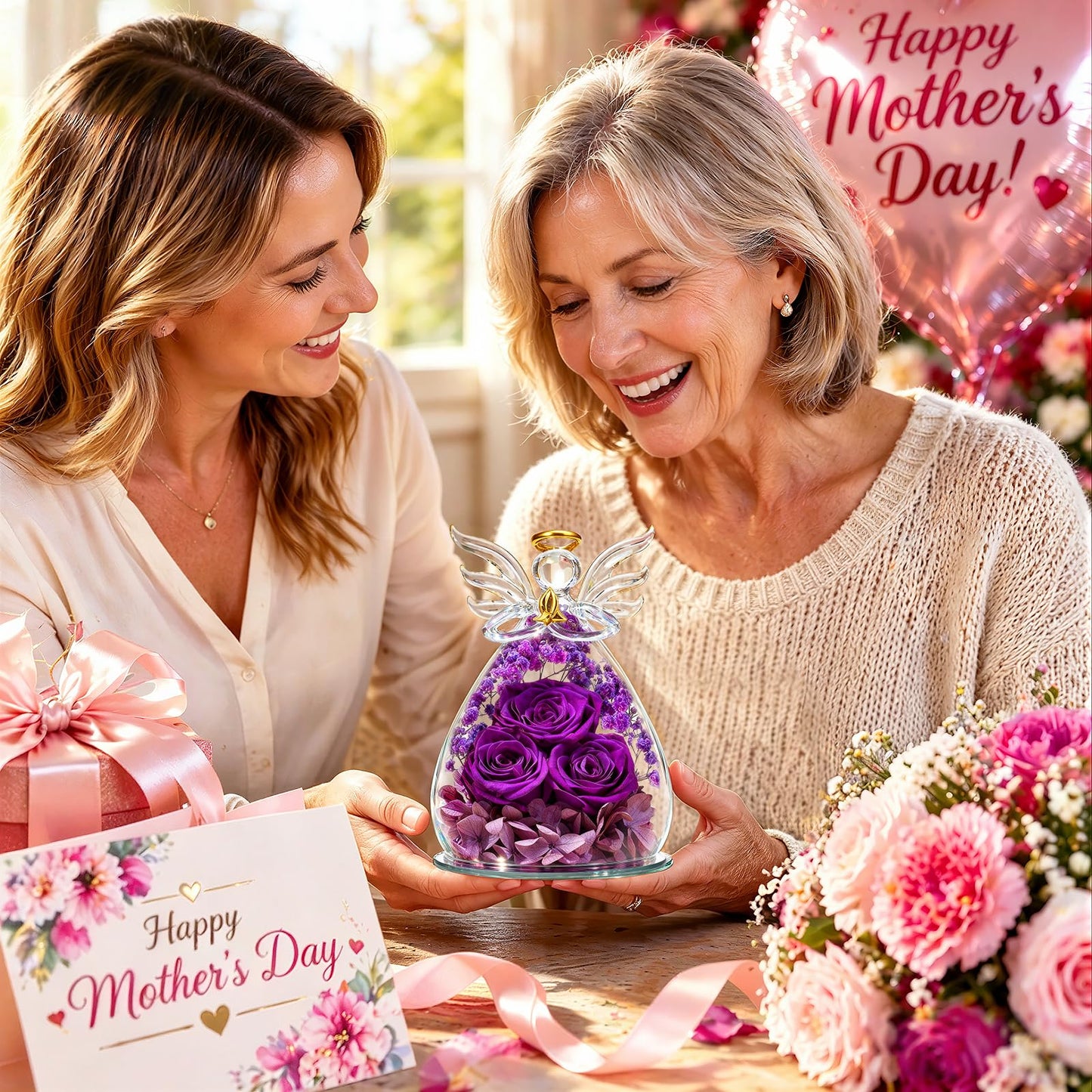 Beferr Mothers Day Mom Birthday Gifts for Women, Fresh Flowers for Delivery Forever Preserved Rose in Glass Angel Figurine, Anniversary Christian Real Rose for Grandma Nana Wife Mum from Daughter Son
