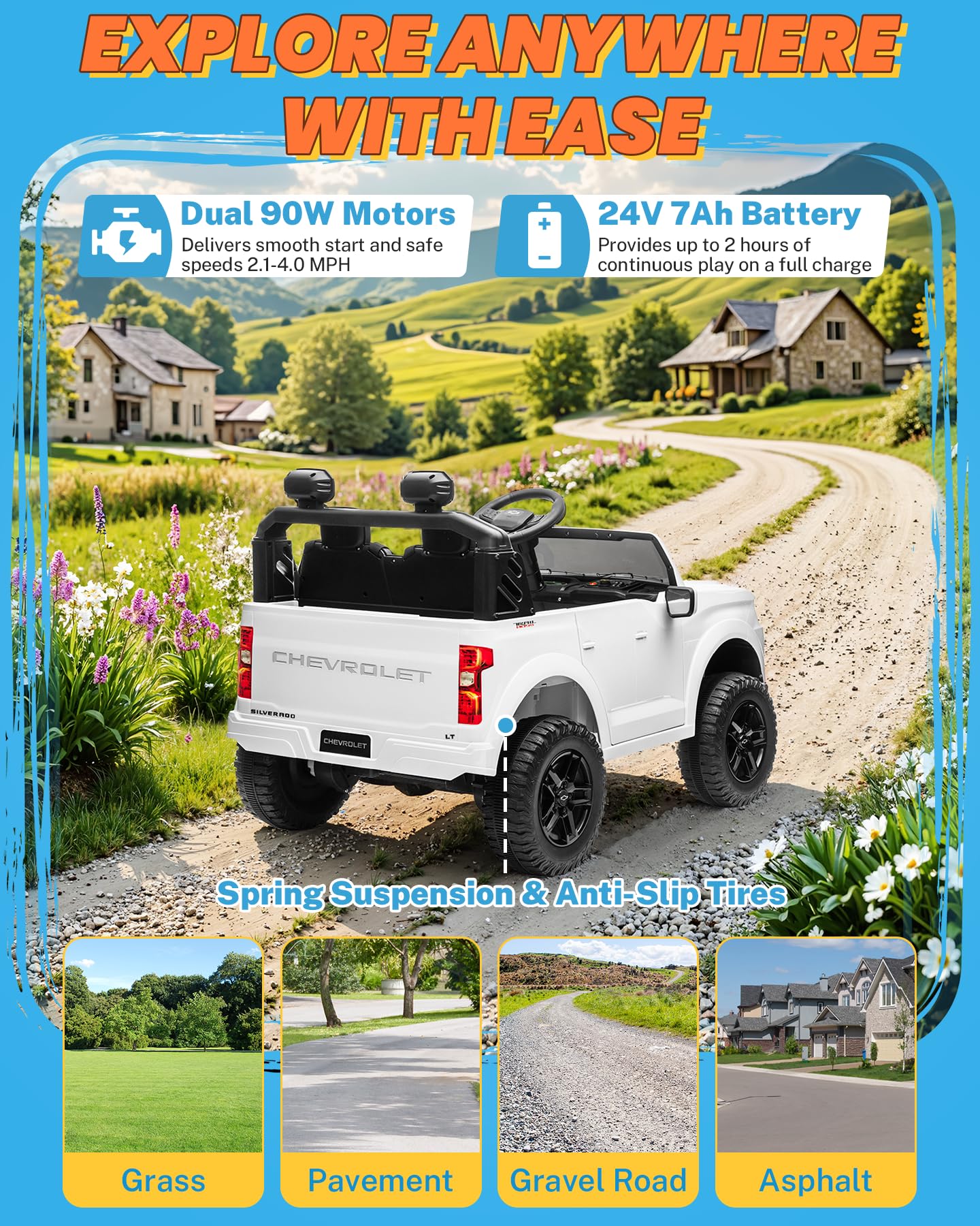 ENYOPRO 24V Ride on Toys, Licensed Chevrolet Silverado LT Trail Boss 2 Seater Ride on Car for Kids, Toddler Electric Car w/Remote Control, Safety Belt, Truck Bed Storage, LED Lights, Bluetooth, Black