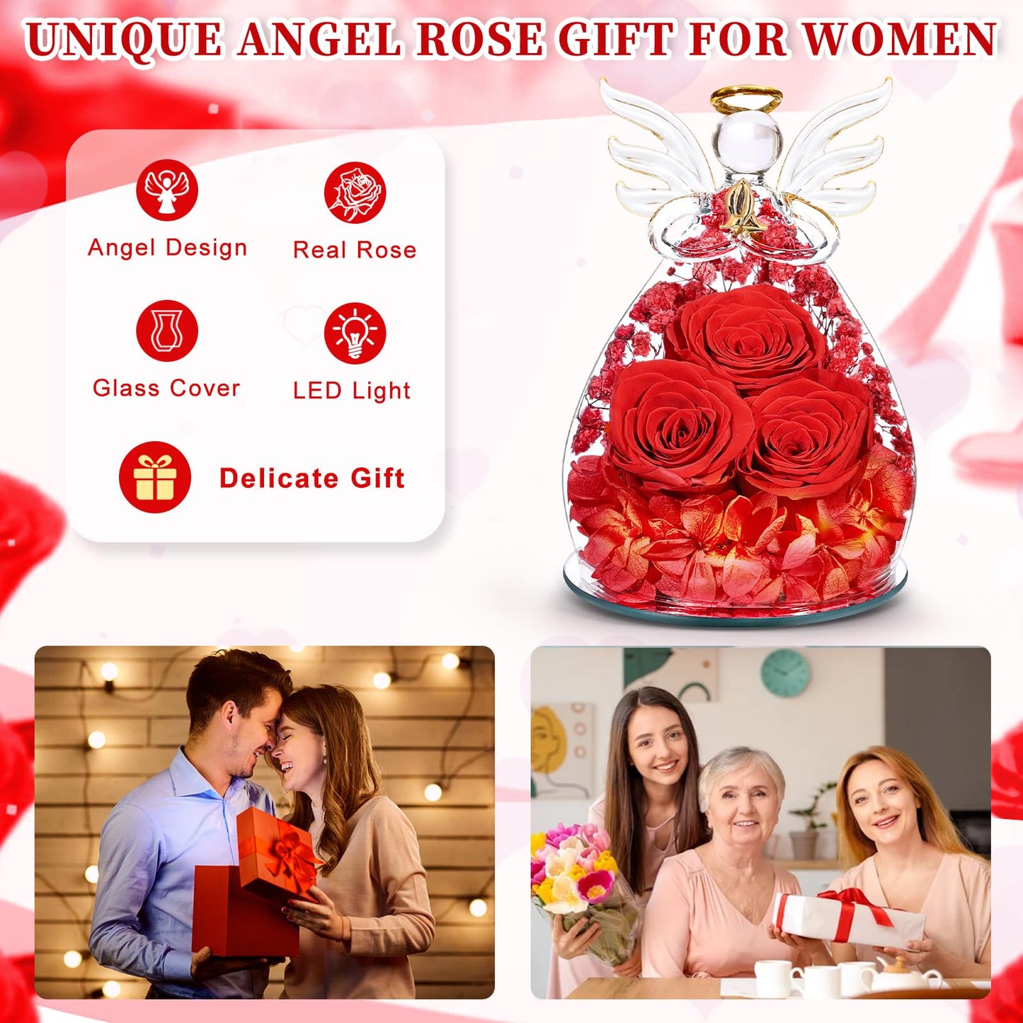 Beferr Mothers Day Mom Birthday Gifts for Women, Fresh Flowers for Delivery Forever Preserved Rose in Glass Angel Figurine, Anniversary Christian Real Rose for Grandma Nana Wife Mum from Daughter Son