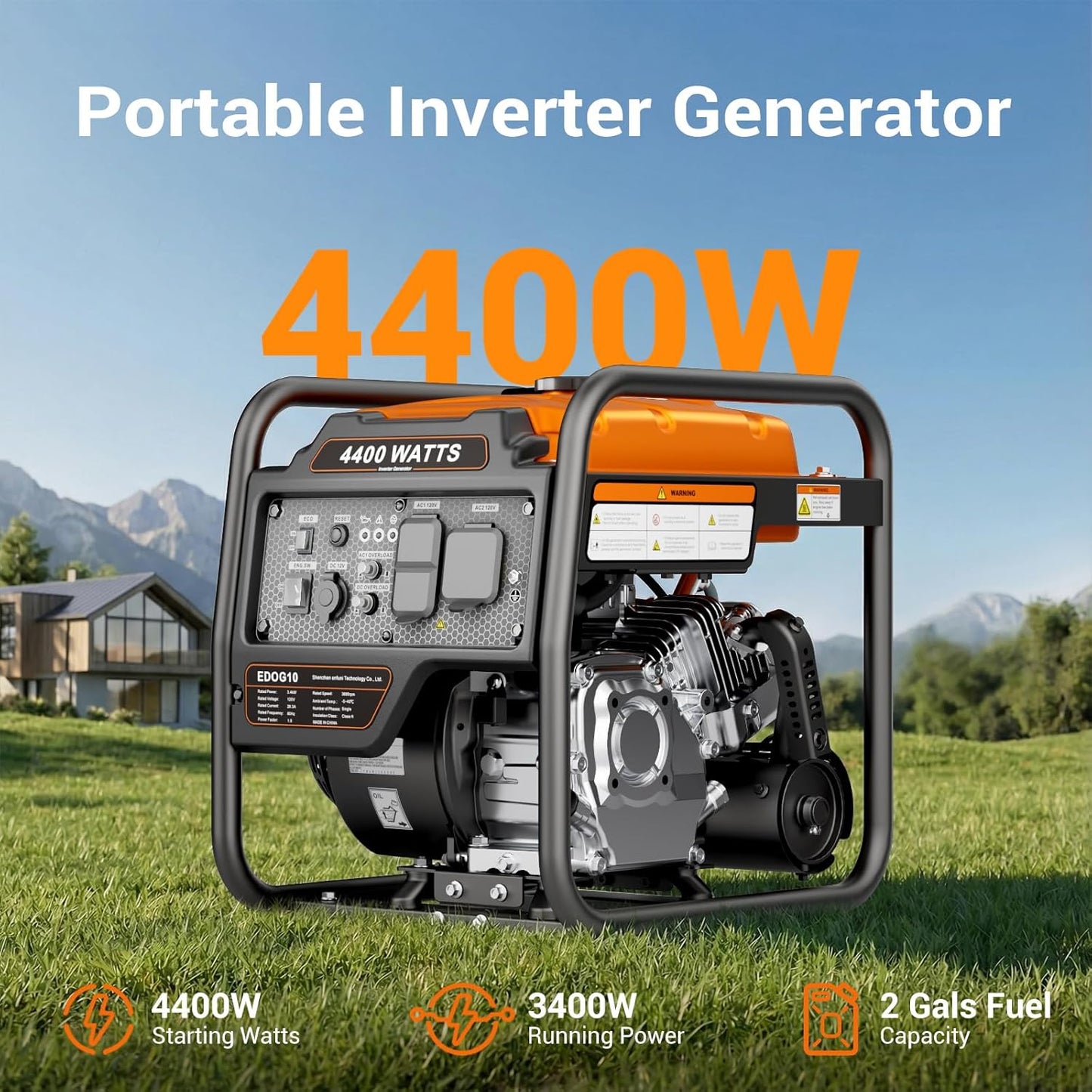 EFURDEN 4400-Watts Portable Inverter Generator, Open Frame Generator Gas Powered, Cold Start Technolog, with ECO Mode and Fuel Gauge, Home Backup Power