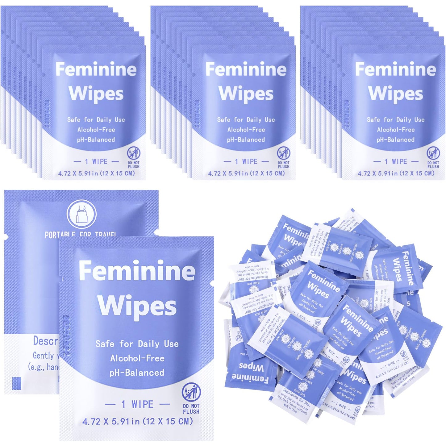 300 Pieces Feminine Wipes Individually Wrapped Women Travel Size Bulk Unscented Intimate Wipes Mild Private Parts Ph Balanced for Travel Bathroom Toilet Daily(Green)