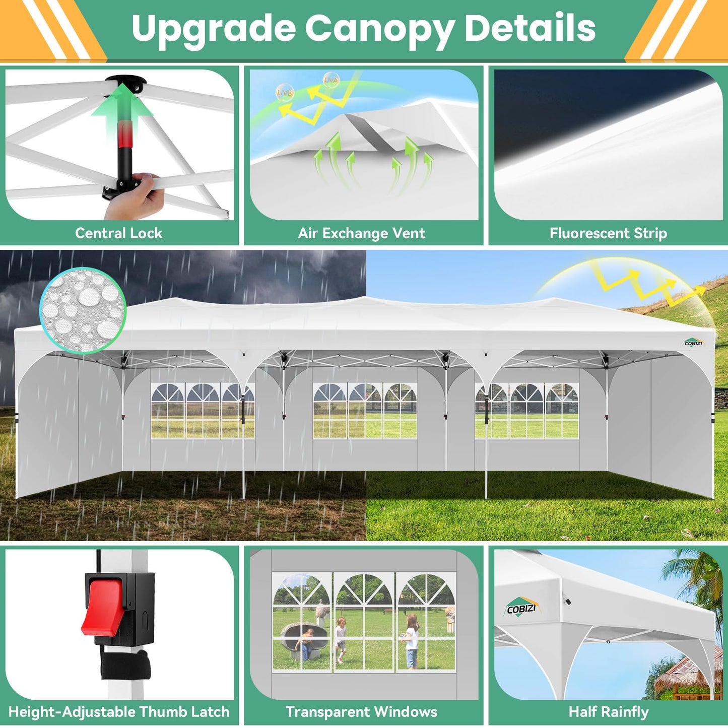 COBIZI 10x20 Pop Up Canopy Tent, Outdoor Party Tent with 4 Sidewalls, 1 Person Easy Set up, Tents for Parties with Fluorescent Strip & 4 Sandbags, Waterproof UPF50+, 3 Adjustable Height, Gray