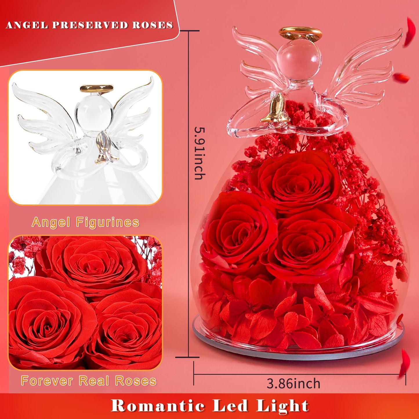 Beferr Mothers Day Mom Birthday Gifts for Women, Fresh Flowers for Delivery Forever Preserved Rose in Glass Angel Figurine, Anniversary Christian Real Rose for Grandma Nana Wife Mum from Daughter Son