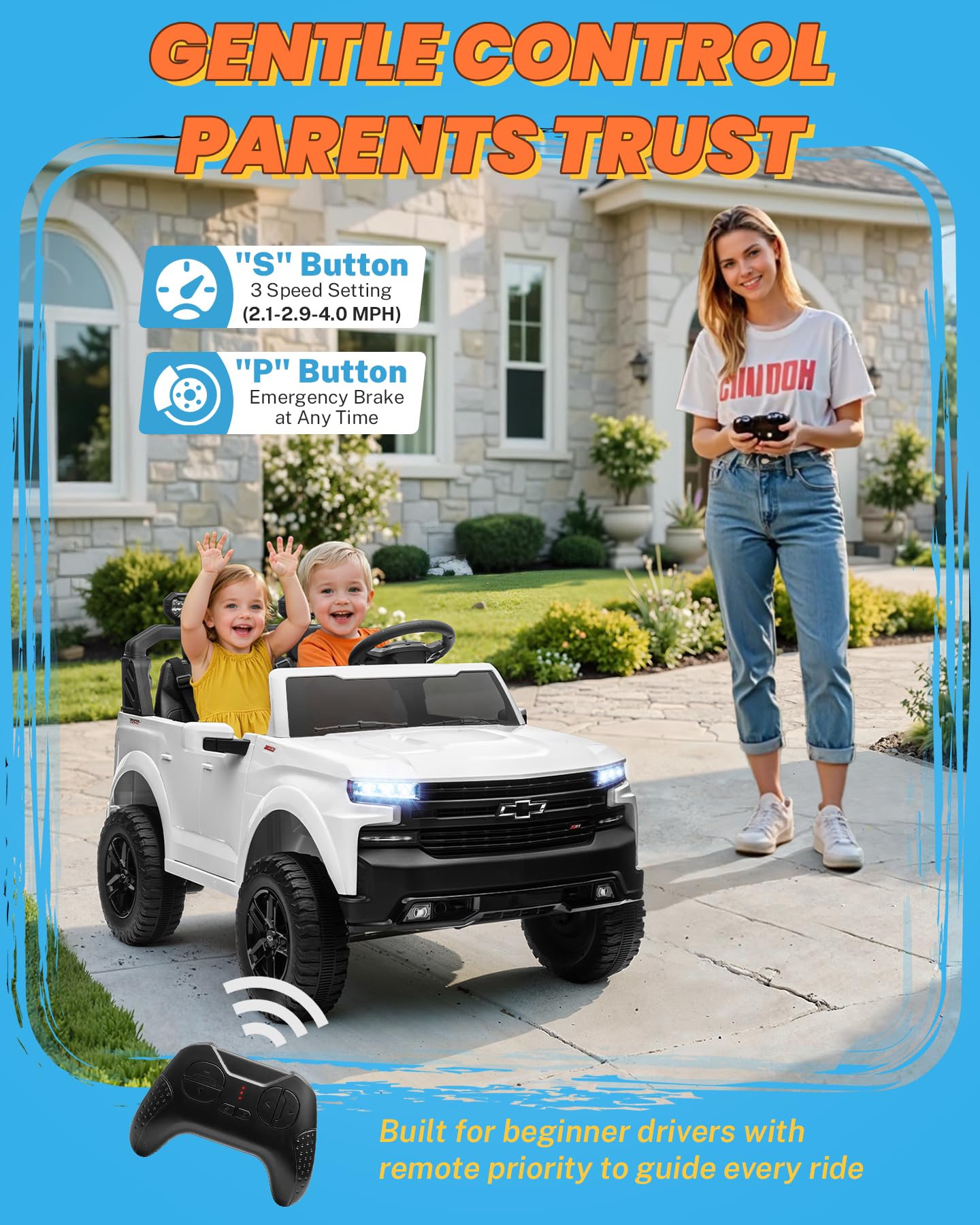 ENYOPRO 24V Ride on Toys, Licensed Chevrolet Silverado LT Trail Boss 2 Seater Ride on Car for Kids, Toddler Electric Car w/Remote Control, Safety Belt, Truck Bed Storage, LED Lights, Bluetooth, Black