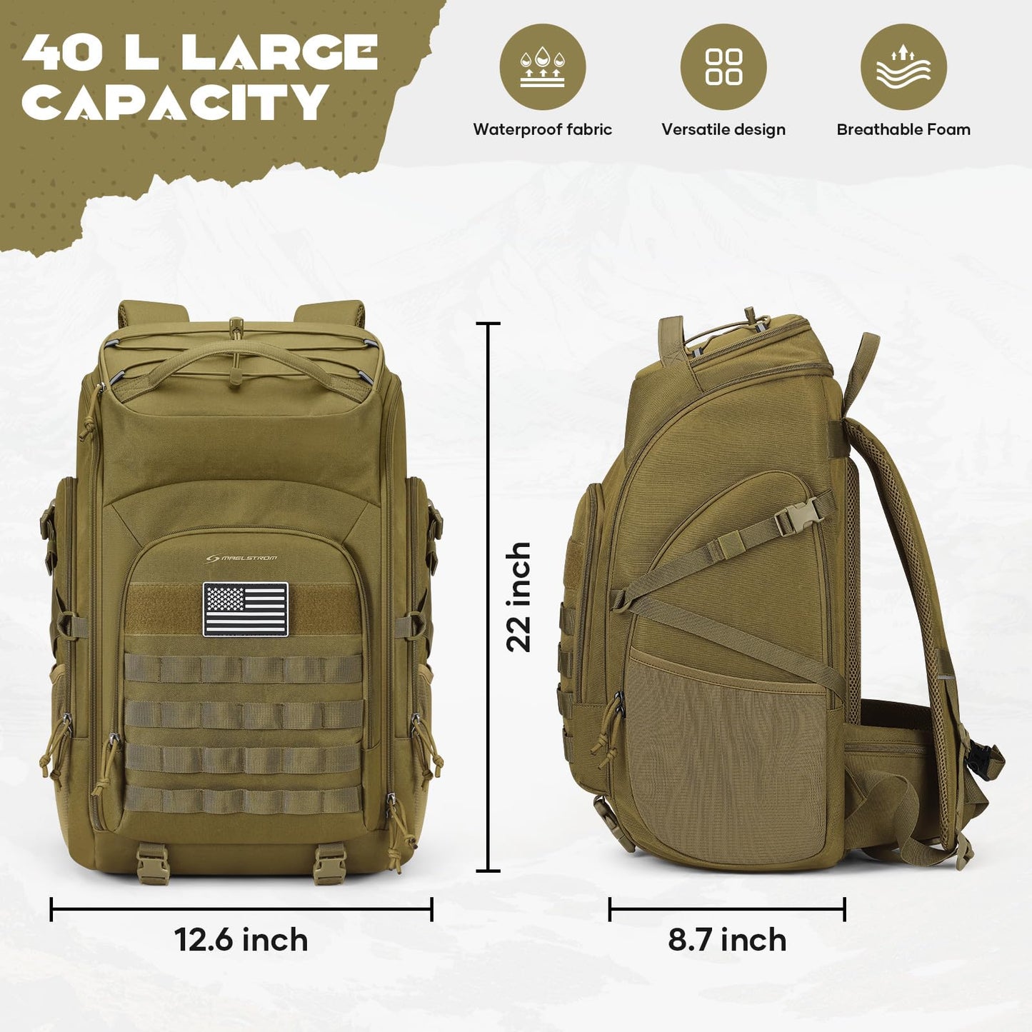 Maelstrom Tactical Backpack for Men, Water Resistant 40L Military Backpack, for Hiking, Camping, Gym with Molle System (Khaki)