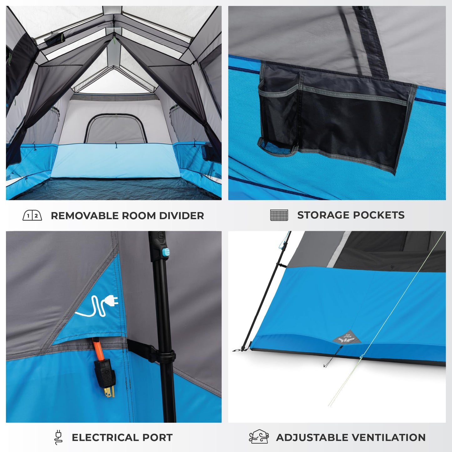 CORE Instant Cabin Tents with LED Lights | Family Multi Room Lighted Pop Up Tents for Camping | Included Storage Pockets for Camping Accessories