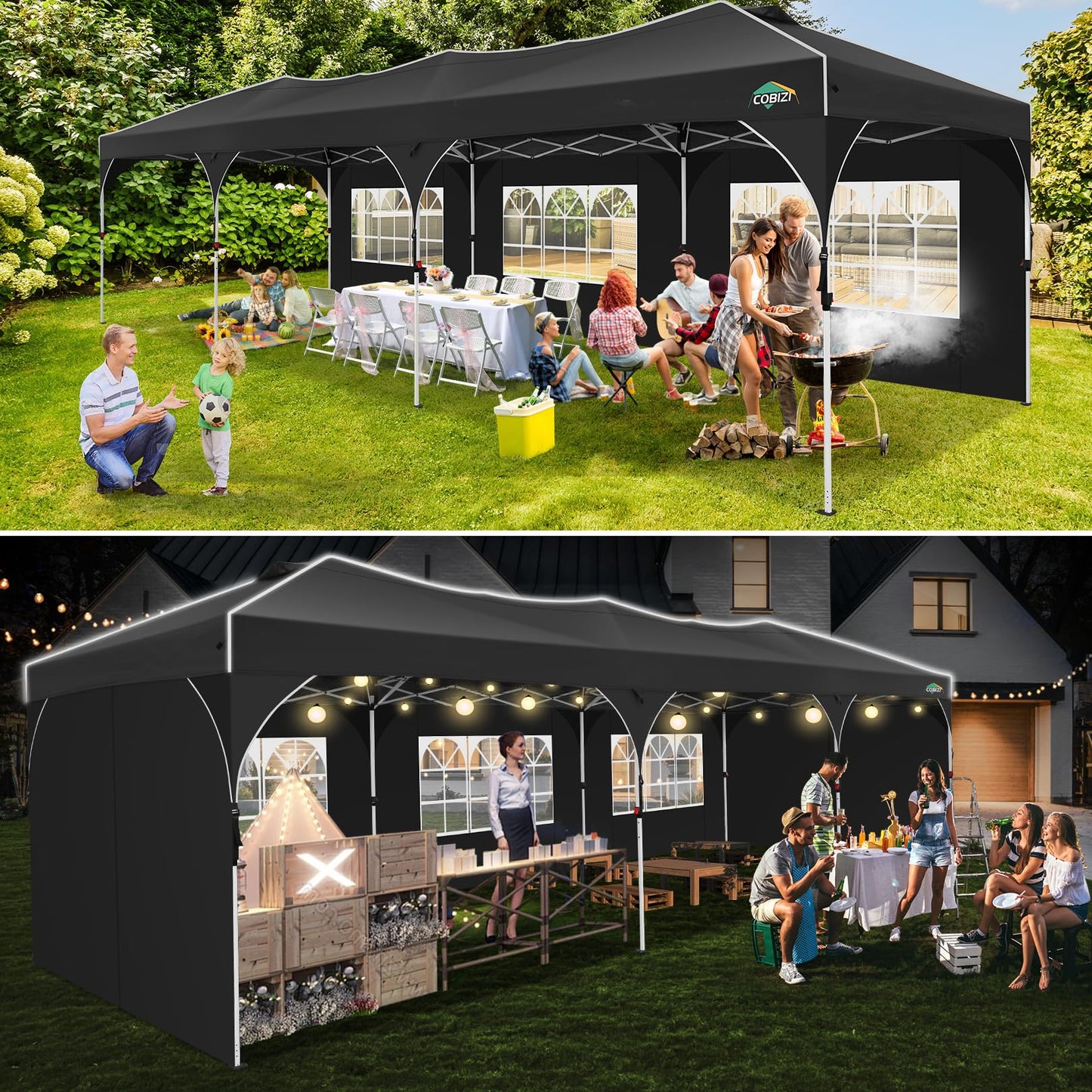 COBIZI 10x20 Pop Up Canopy Tent, Outdoor Party Tent with 4 Sidewalls, 1 Person Easy Set up, Tents for Parties with Fluorescent Strip & 4 Sandbags, Waterproof UPF50+, 3 Adjustable Height, Gray