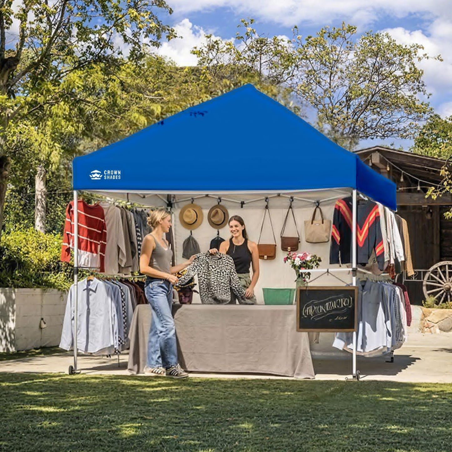 CROWN SHADES 10x10 Pop Up Commercial Canopy Tent, Patented One Push Setup, Heavy Duty Vendor Tent, 1 Removable Sidewall, 4" Wheels, Sto'N Go Bag, 400D Silver Coated, UPF 50+ Waterproof, Blue