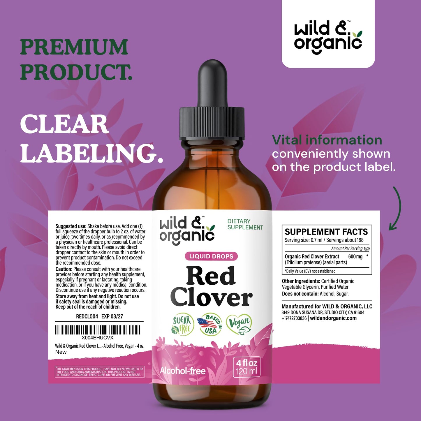 Wild & Organic Red Clover Supplement - Menopause Supplements for Women - Red Clover Extract Drops - Add to Tea Liquid Herb - 2-Month Supply - Sugar & Alcohol-Free Blossom Tincture - 4 fl oz