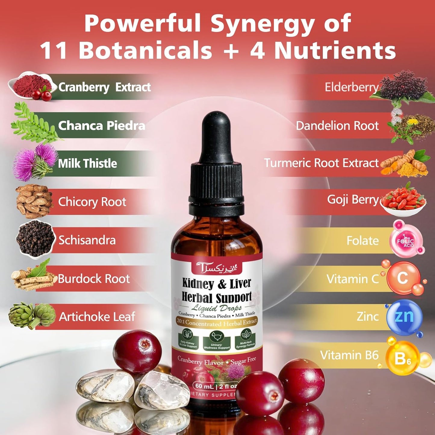 Kidney Cleanse & Liver Support Liquid Drops with Cranberry 20:1, Chanca Piedra & Milk Thistle, Herbal Supplement for Urinary Tract Support, Vegan, Sugar Free, 60 mL