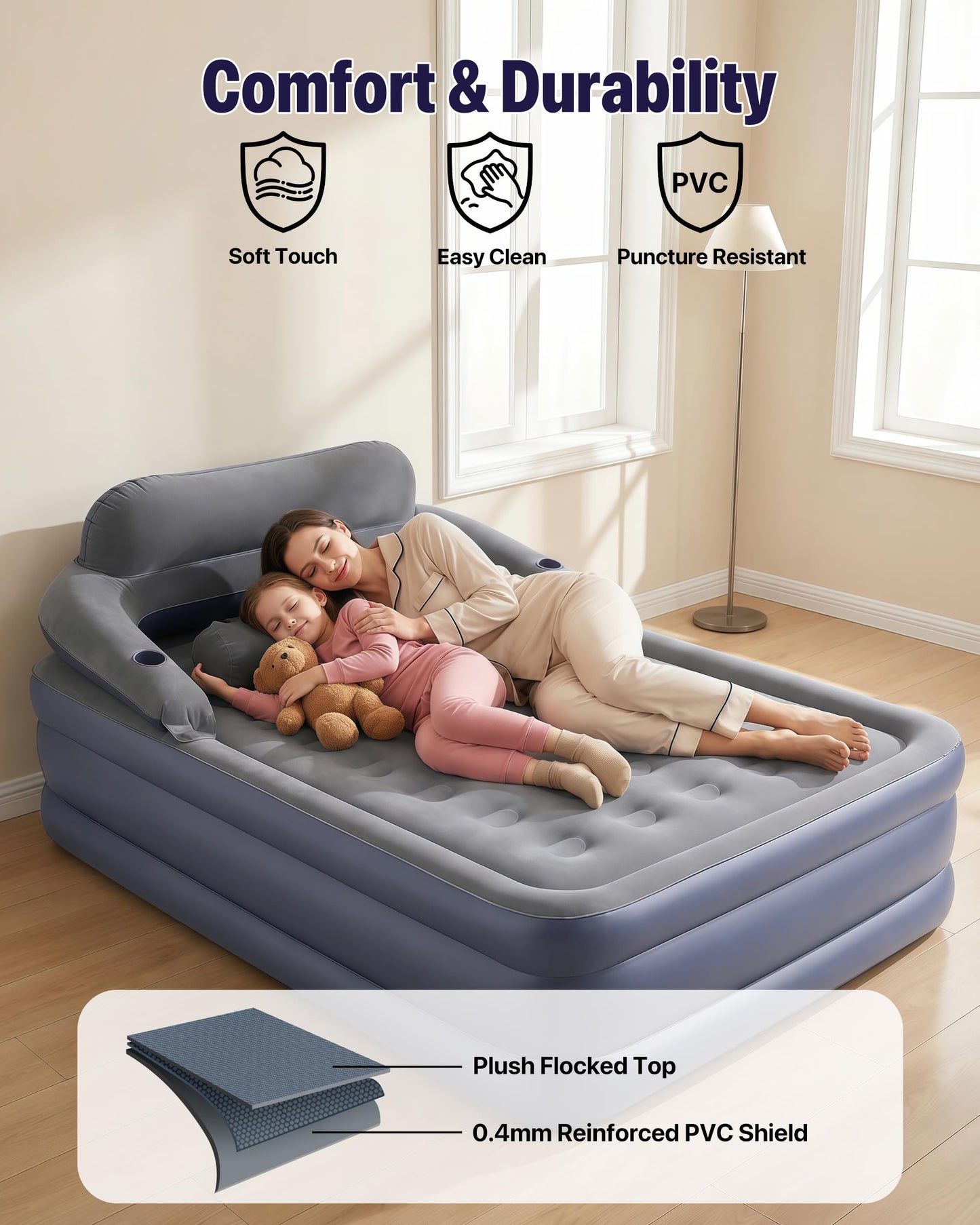 A-ER-FA Queen Air Mattress with Detachable Headboard and Cup Holder - 20 Height 700lbs Capacity Comfort Inflatable Bed for Guests Home Camping and Travel Durable Construction,Colchón Inflable,Air Bed