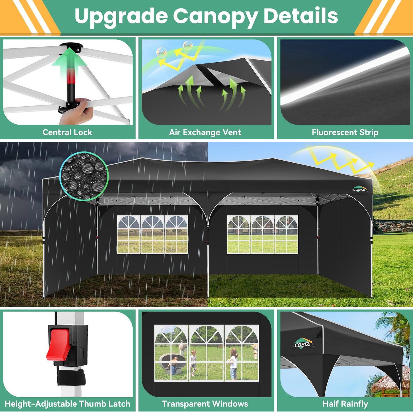COBIZI 10x20 Pop Up Canopy Tent, Outdoor Party Tent with 4 Sidewalls, 1 Person Easy Set up, Tents for Parties with Fluorescent Strip & 4 Sandbags, Waterproof UPF50+, 3 Adjustable Height, Gray