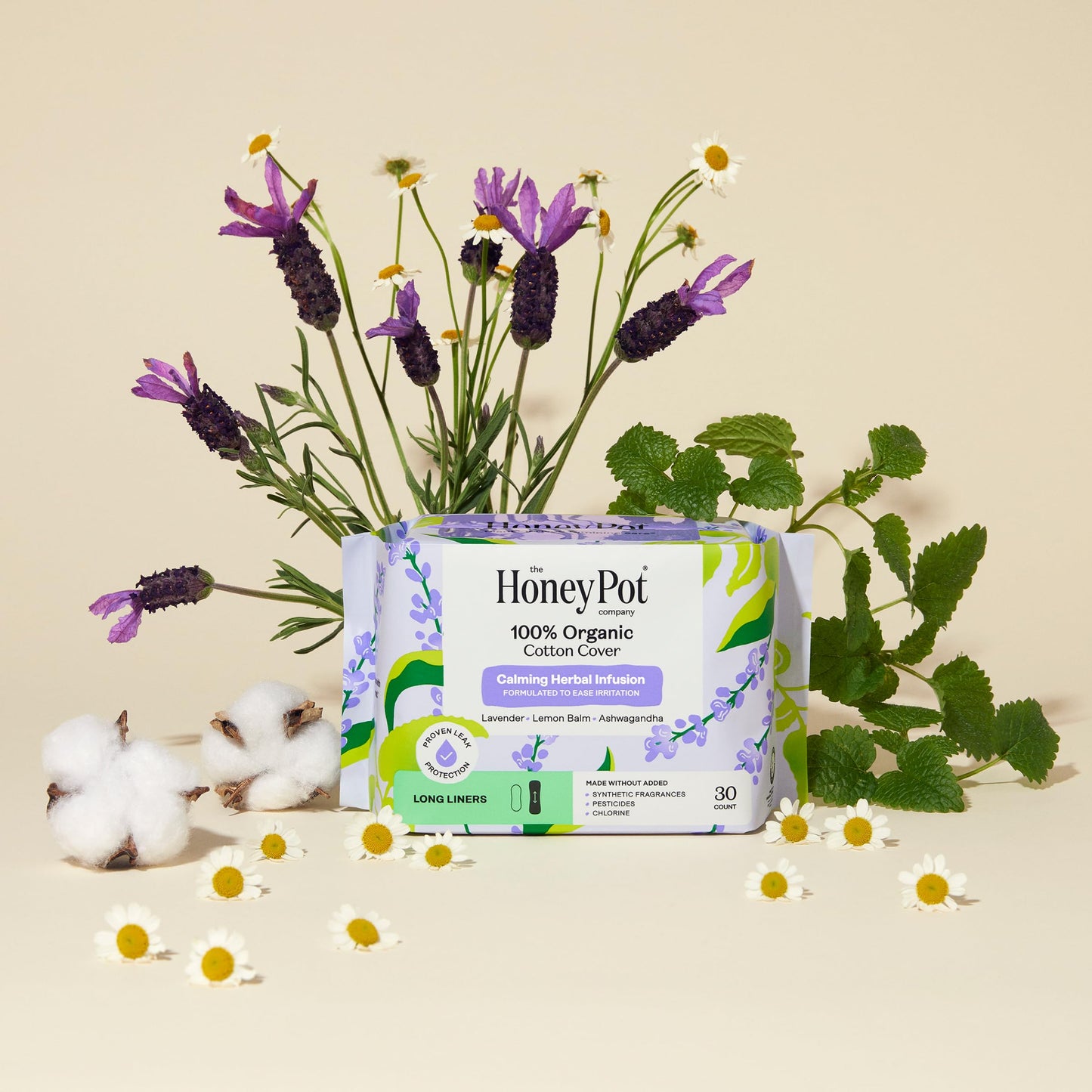 Honey Pot - Calming Herbal Super Sanitary Pads for Women - 100% Organic Cotton Top Sheet - Feminine Care - Non Cooling - Calming Herbs of Lavender, Ashwagandha, & Lemon Balm - 16ct