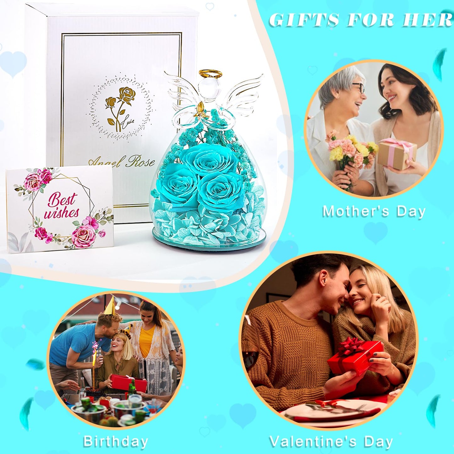 Beferr Mothers Day Mom Birthday Gifts for Women, Fresh Flowers for Delivery Forever Preserved Rose in Glass Angel Figurine, Anniversary Christian Real Rose for Grandma Nana Wife Mum from Daughter Son