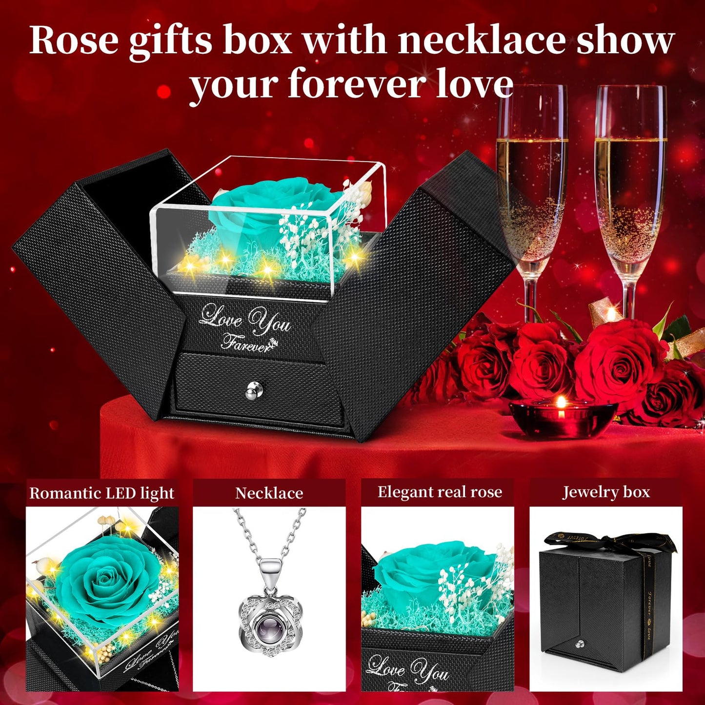 Preserved Sky Blue Real Rose with Heart I Love You Necklace -Eternal Flowers Rose Birthday Gifts for Women Her Mom Wife Girlfriend Grandma on Valentines Mothers Day Christmas Anniversary Romantic
