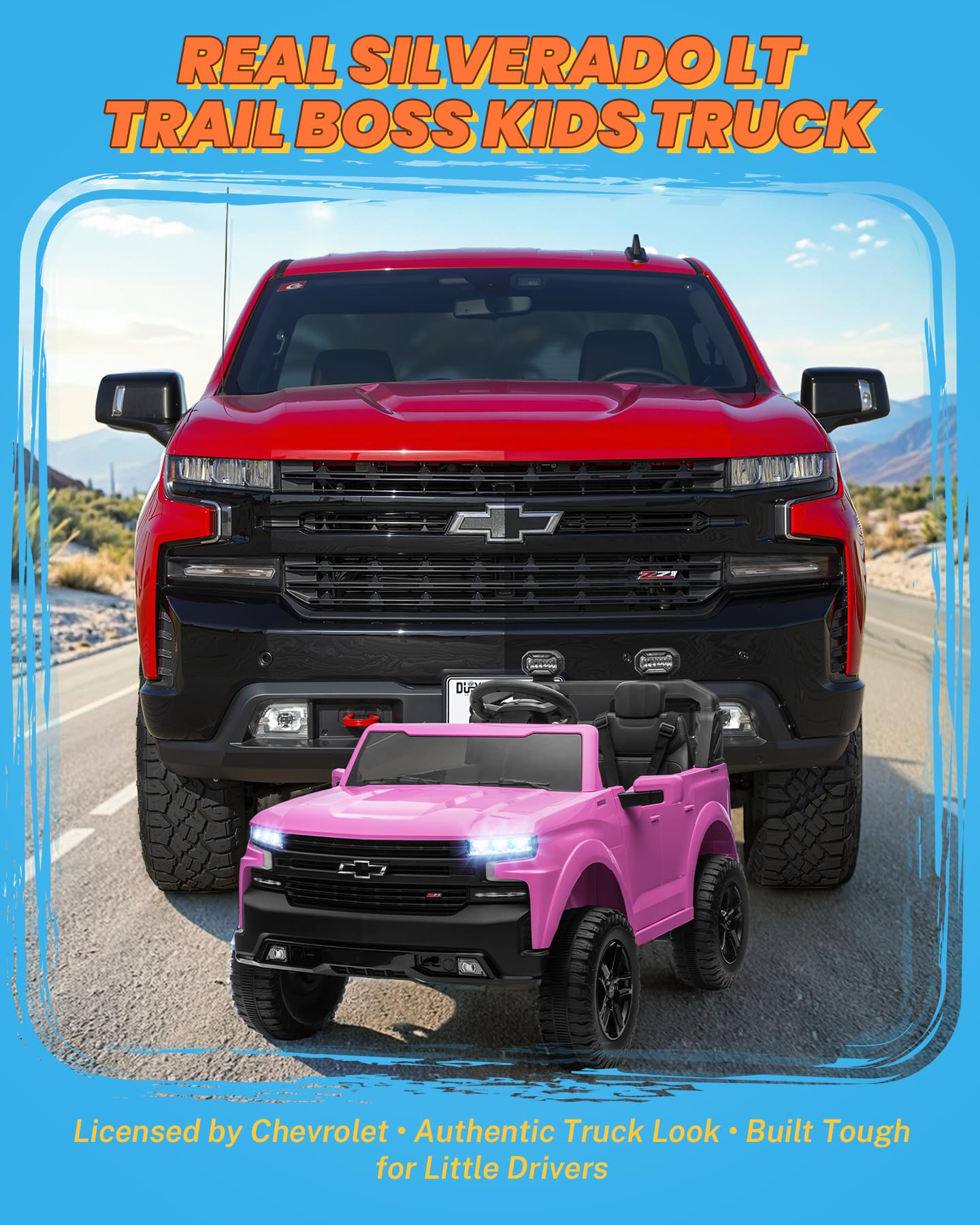 ENYOPRO 24V Ride on Toys, Licensed Chevrolet Silverado LT Trail Boss 2 Seater Ride on Car for Kids, Toddler Electric Car w/Remote Control, Safety Belt, Truck Bed Storage, LED Lights, Bluetooth, Black