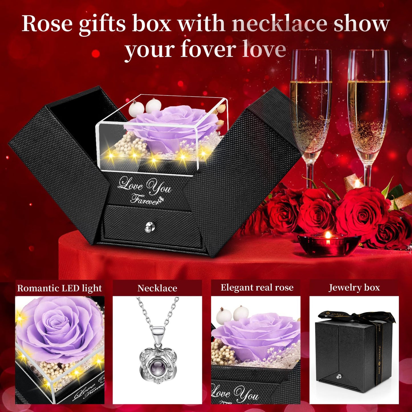 Preserved Sky Blue Real Rose with Heart I Love You Necklace -Eternal Flowers Rose Birthday Gifts for Women Her Mom Wife Girlfriend Grandma on Valentines Mothers Day Christmas Anniversary Romantic
