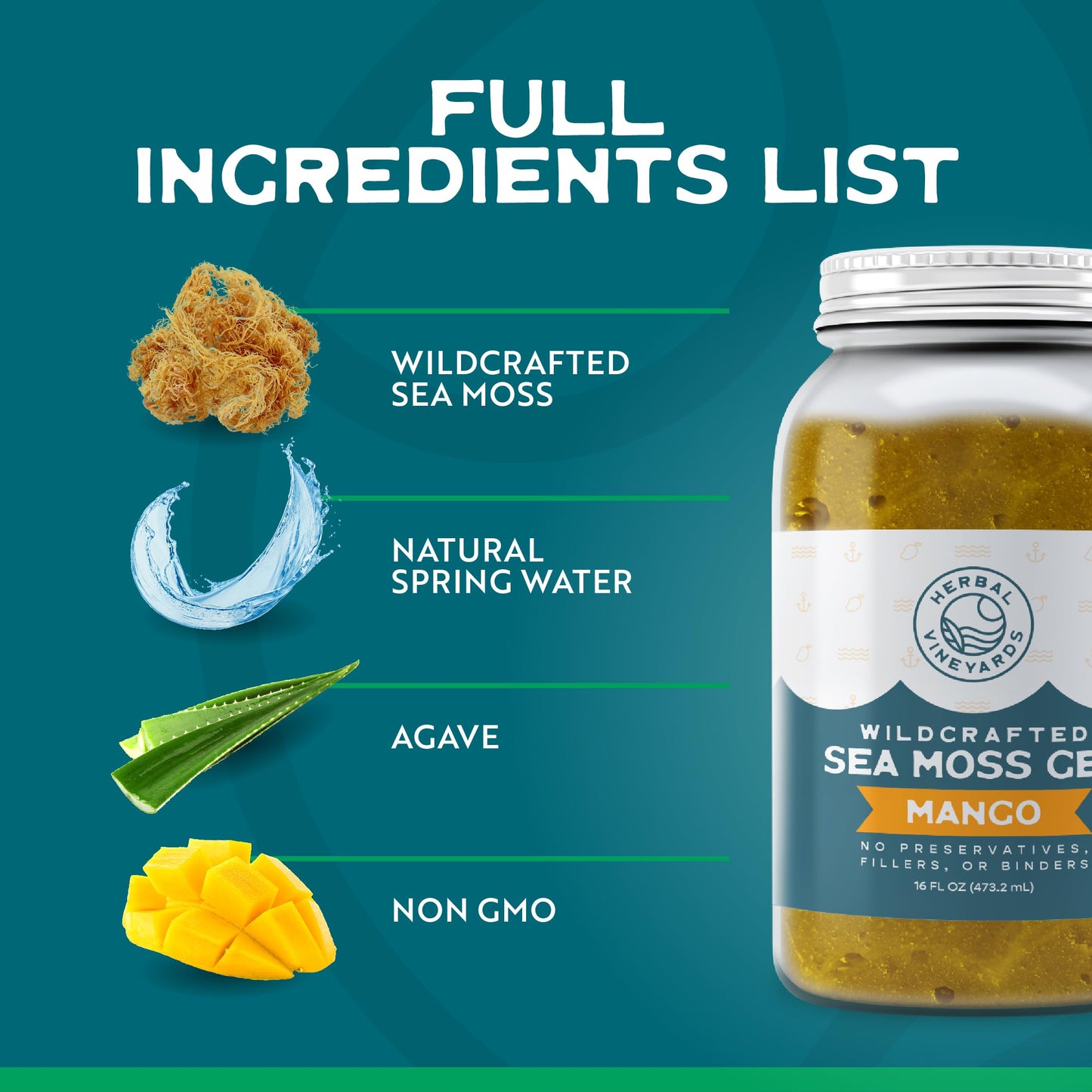 Herbal Vineyards Wildcrafted Irish Pineapple Sea Moss Gel 16 Oz - Organic Seamoss Gel Made with Dried Seaweed & Fresh Sea Vegetables, Natural & Plant-Based, Harvested in Pristine Waters, USA
