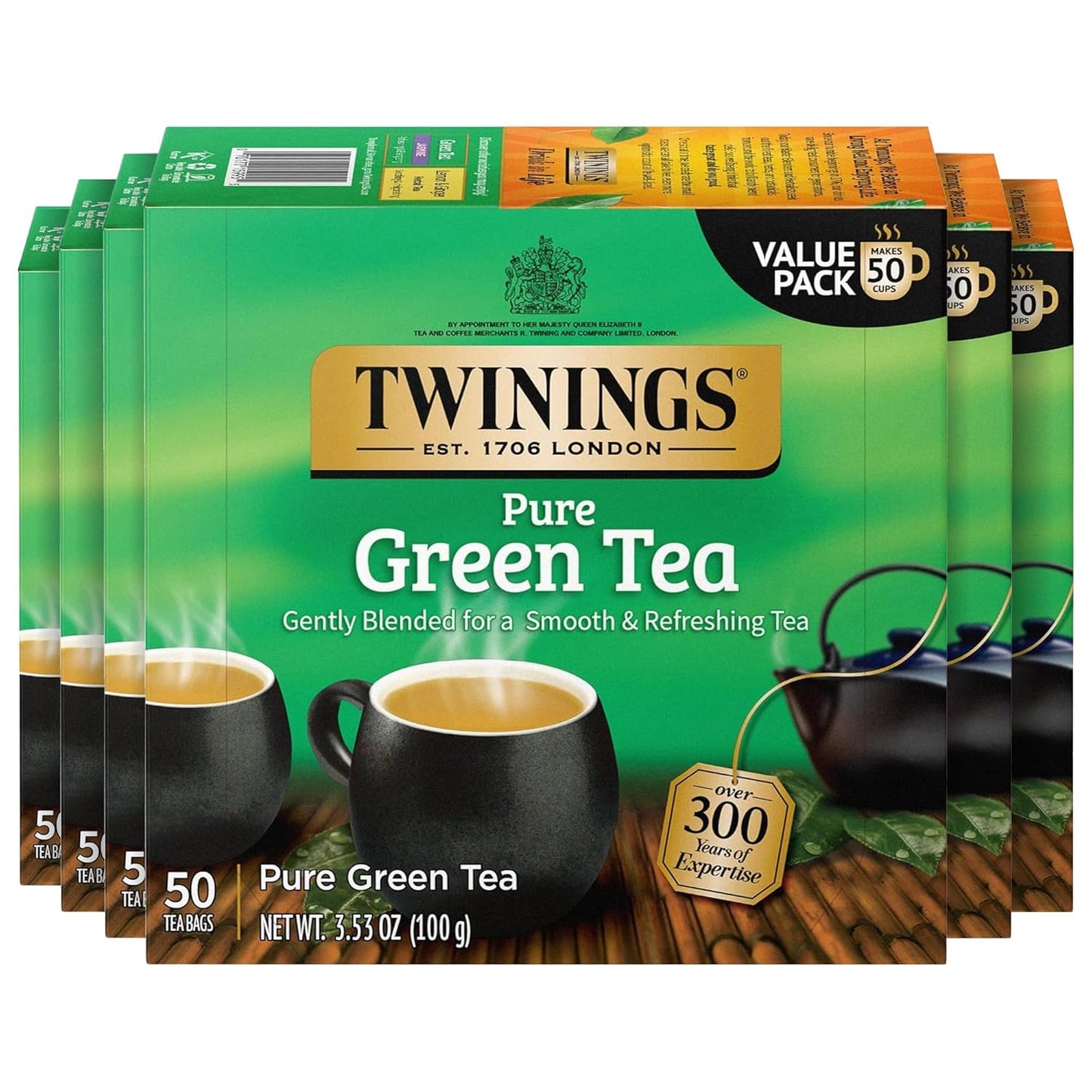 Twinings Pure Green Tea Individually Wrapped Bags, 100 Count (Pack of 1), Smooth & Refreshing, Caffeinated, Enjoy Hot or Iced, 100 Teabags