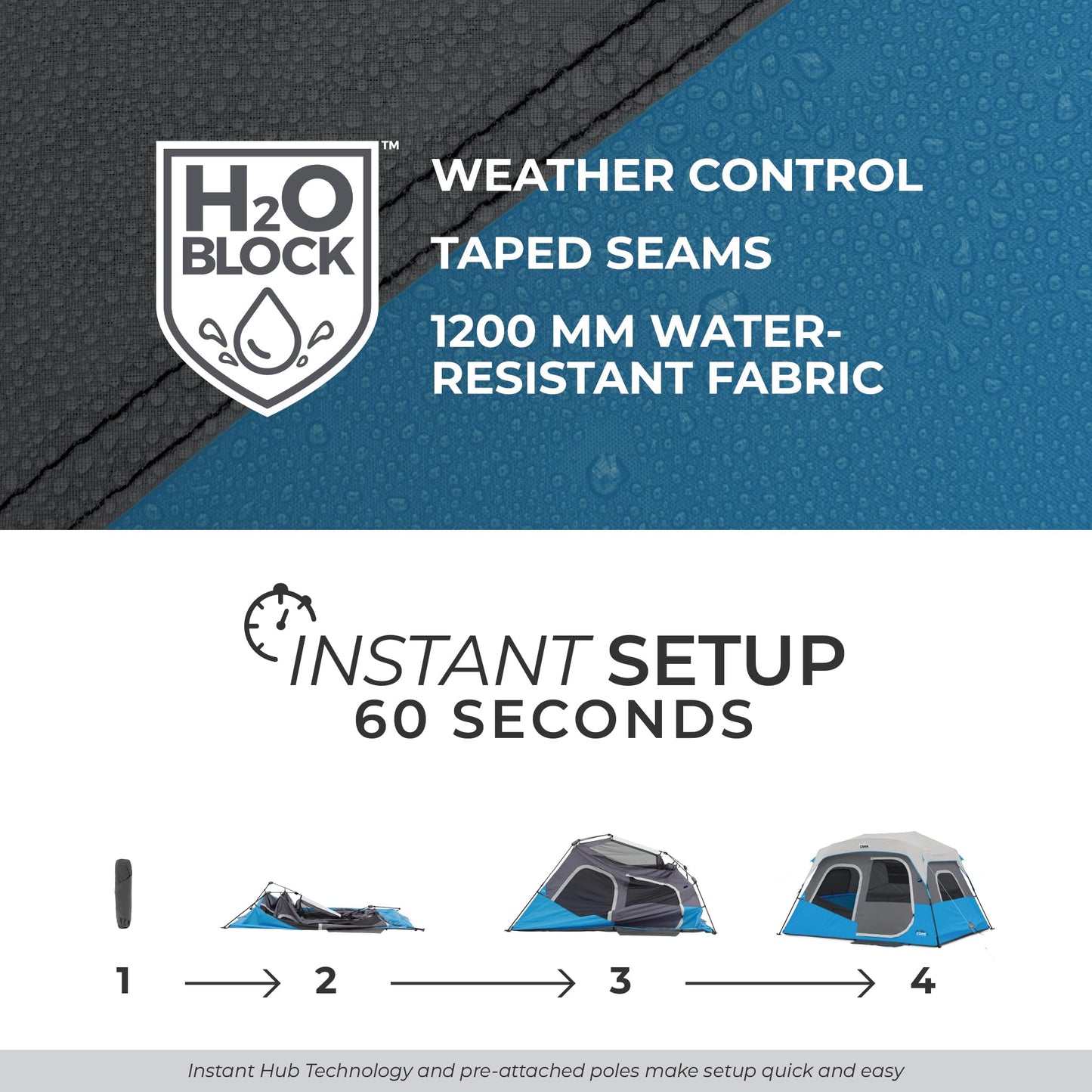 CORE Instant Cabin Tents with LED Lights | Family Multi Room Lighted Pop Up Tents for Camping | Included Storage Pockets for Camping Accessories