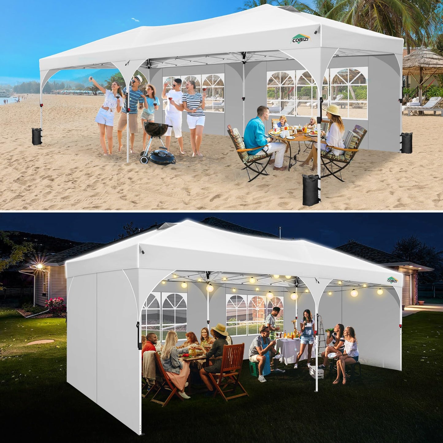 COBIZI 10x20 Pop Up Canopy Tent, Outdoor Party Tent with 4 Sidewalls, 1 Person Easy Set up, Tents for Parties with Fluorescent Strip & 4 Sandbags, Waterproof UPF50+, 3 Adjustable Height, Gray
