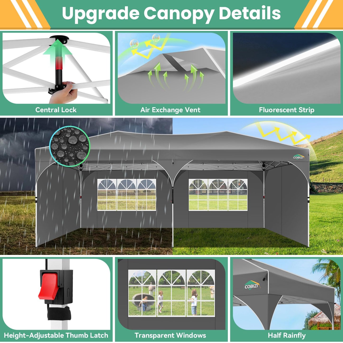 COBIZI 10x20 Pop Up Canopy Tent, Outdoor Party Tent with 4 Sidewalls, 1 Person Easy Set up, Tents for Parties with Fluorescent Strip & 4 Sandbags, Waterproof UPF50+, 3 Adjustable Height, Gray