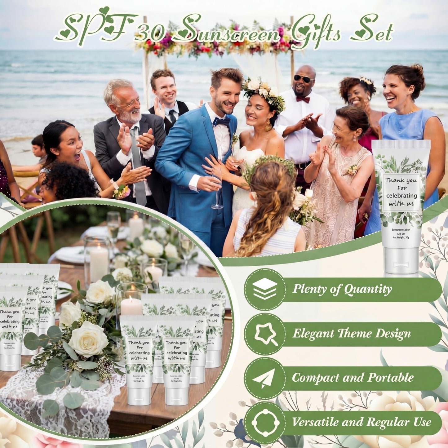 48 Pcs Mini Sunscreen Bulk for Summer Party Wedding SPF 30 Water Resistant Sunscreen Lotion Bulk 1oz Travel Size for Thank You Gifts Wedding Party Supplies (Eucalyptus)