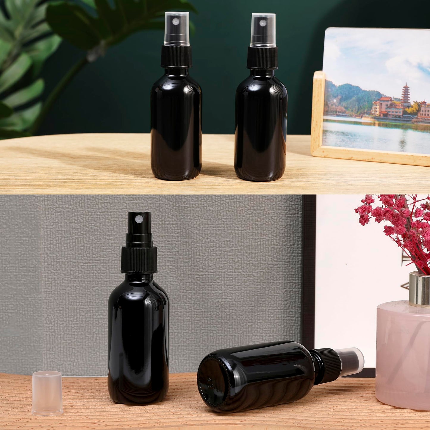 NOOEEISS Amber Glass Small Spray Bottle 2 oz 24 Packs,Fine Mist Sprayer Small Clear Bottles,Refillable Containers mini spray bottles for Cleaning Solutions and Skin Care (Amber 24pcs)