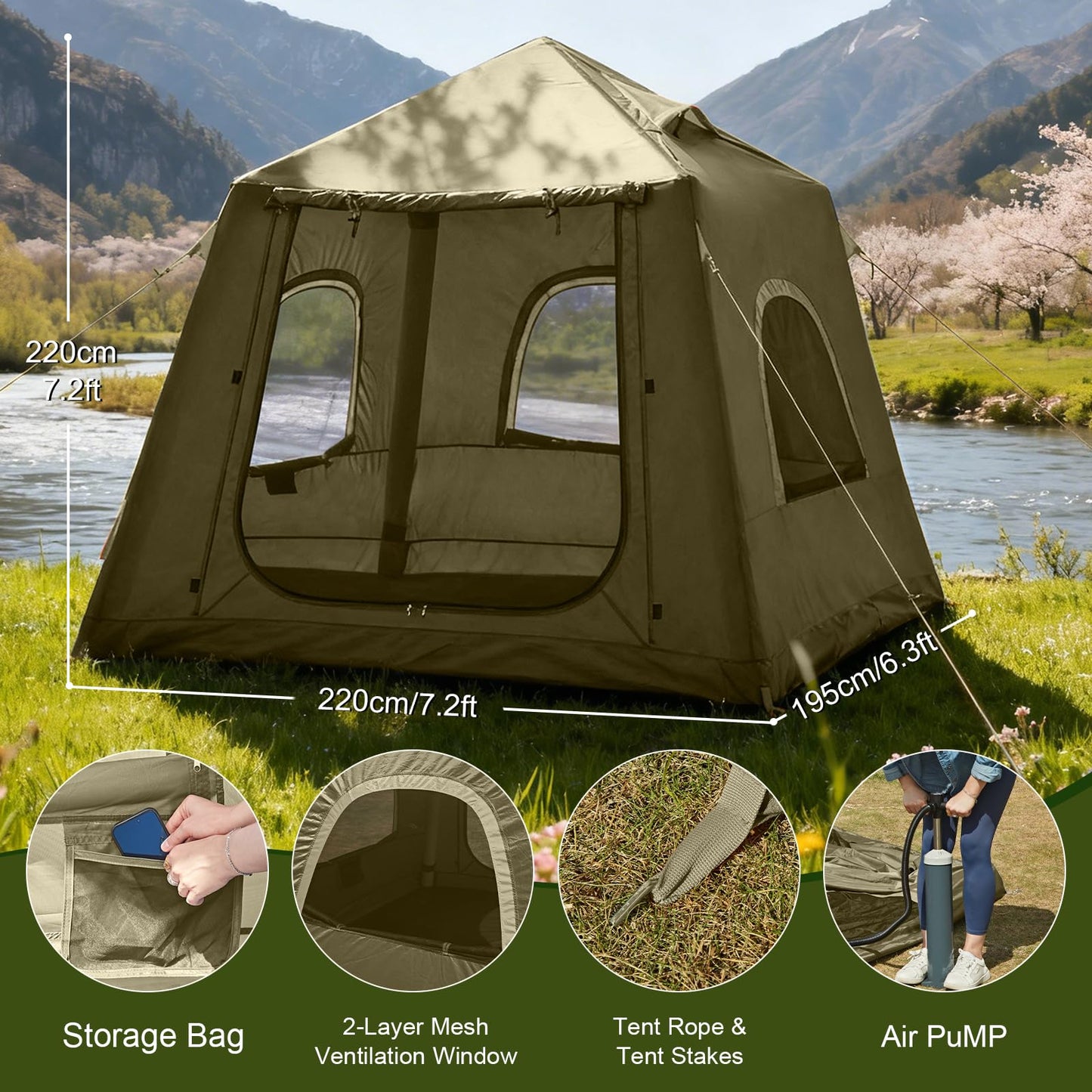 Inflatable Tents for Camping,Easy Blow Up Tent with Hand Pump,4 Seasons Waterproof Air Inflatable Camping Tent House for Family Weekend Camping