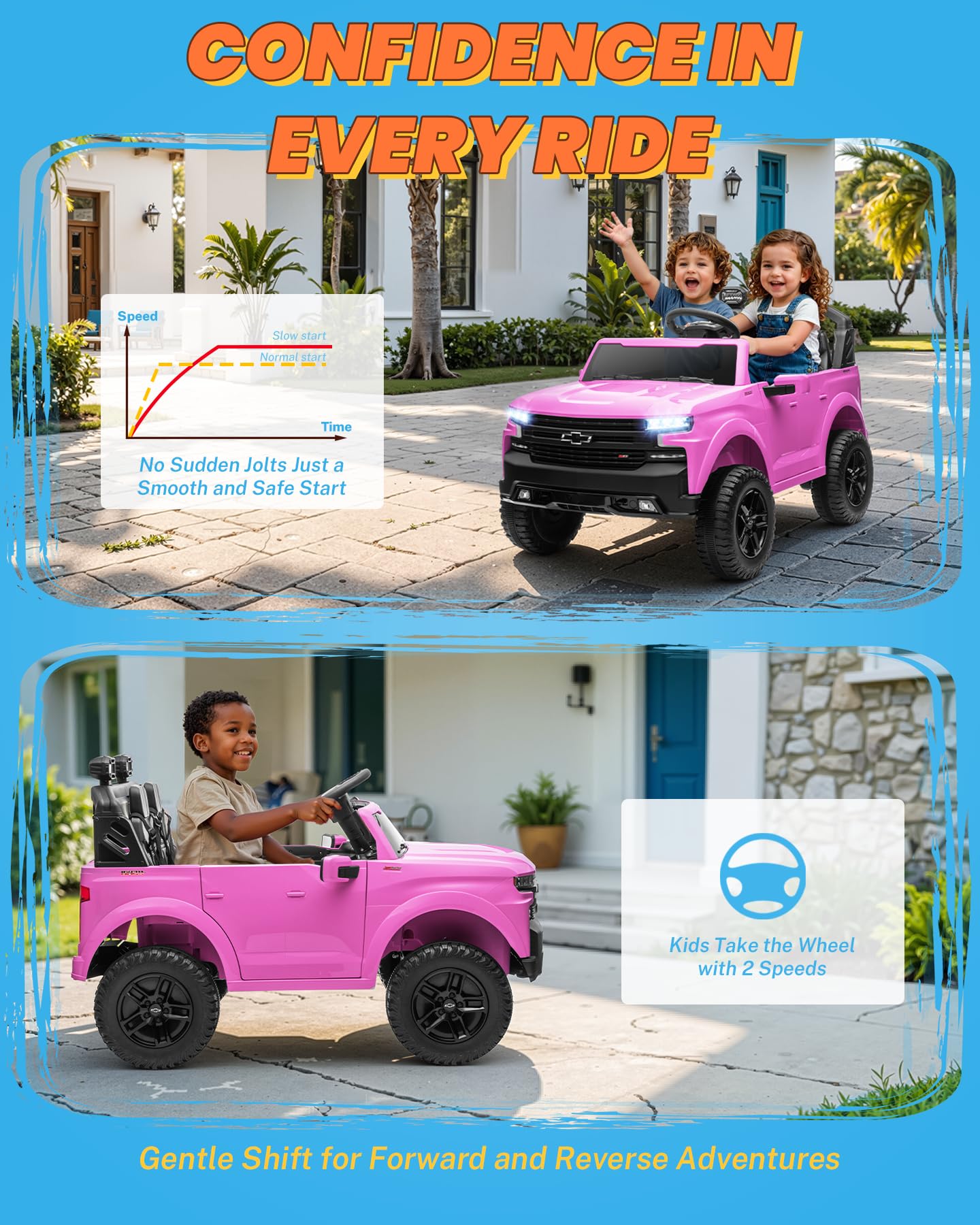 ENYOPRO 24V Ride on Toys, Licensed Chevrolet Silverado LT Trail Boss 2 Seater Ride on Car for Kids, Toddler Electric Car w/Remote Control, Safety Belt, Truck Bed Storage, LED Lights, Bluetooth, Black