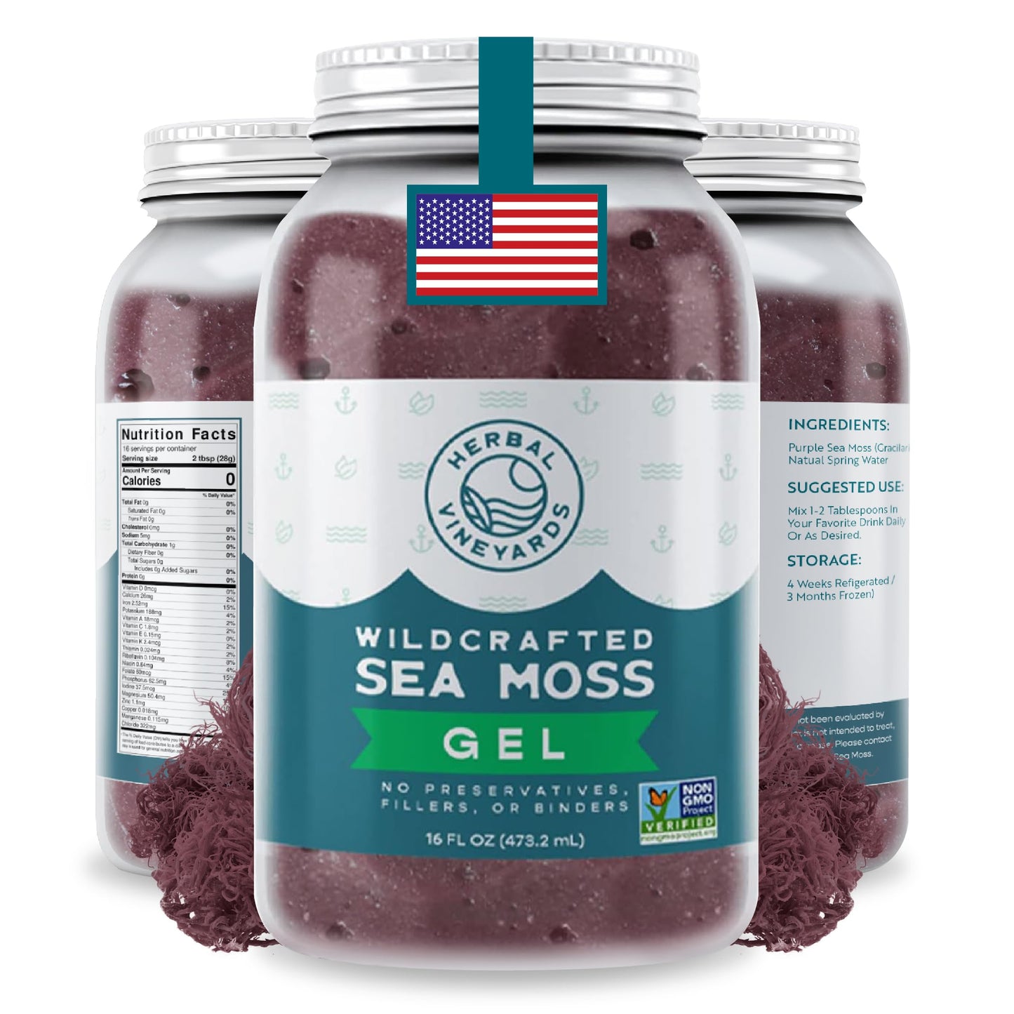 Herbal Vineyards Wildcrafted Irish Pineapple Sea Moss Gel 16 Oz - Organic Seamoss Gel Made with Dried Seaweed & Fresh Sea Vegetables, Natural & Plant-Based, Harvested in Pristine Waters, USA