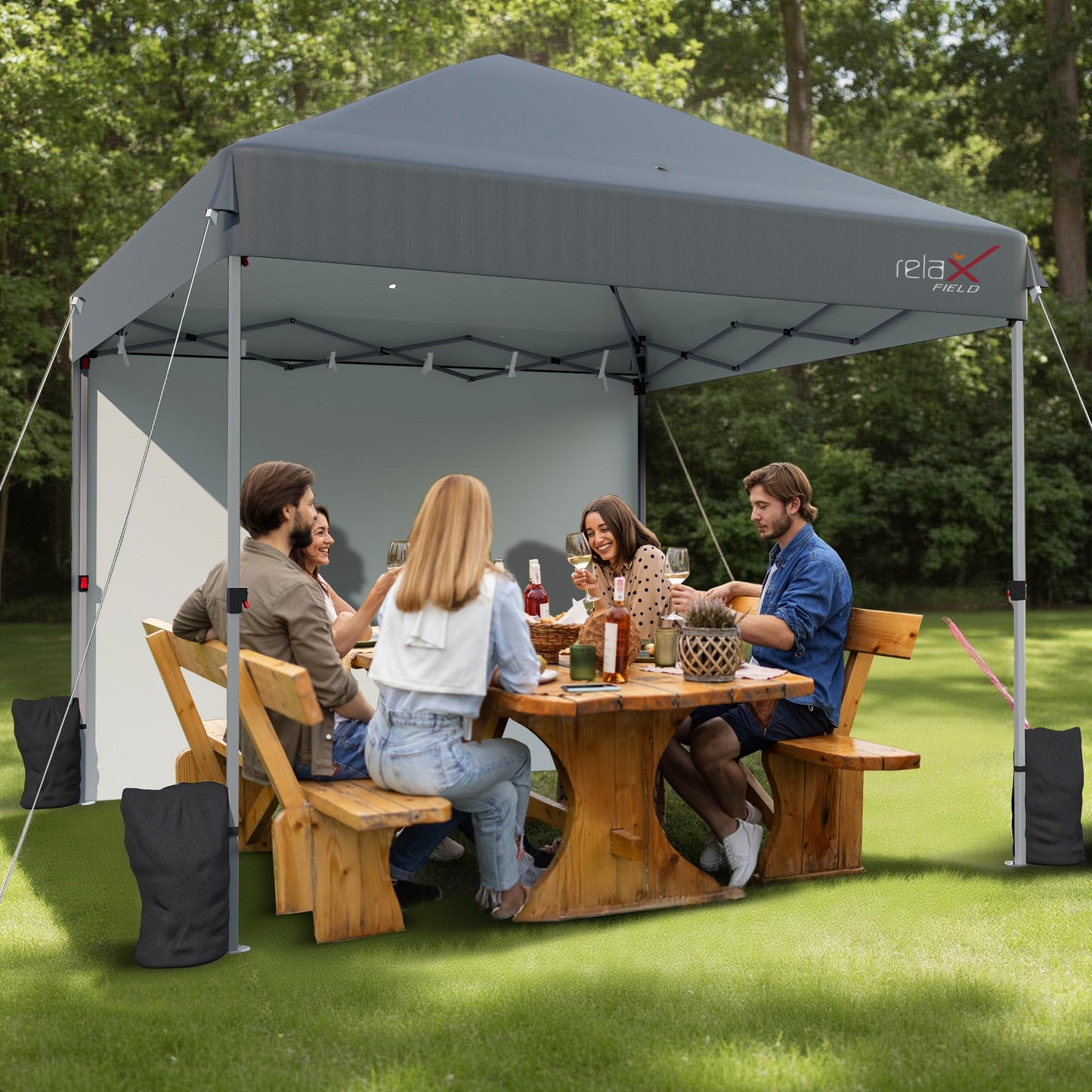 10x10 Outdoor Folding Canopy Tent with 1 Sidewall, Easy Up Outdoor Shelter with One Person Set Up Center Lock, Portable Patio Screen Tent for Camping, Party, Beach and Picnic, Grey