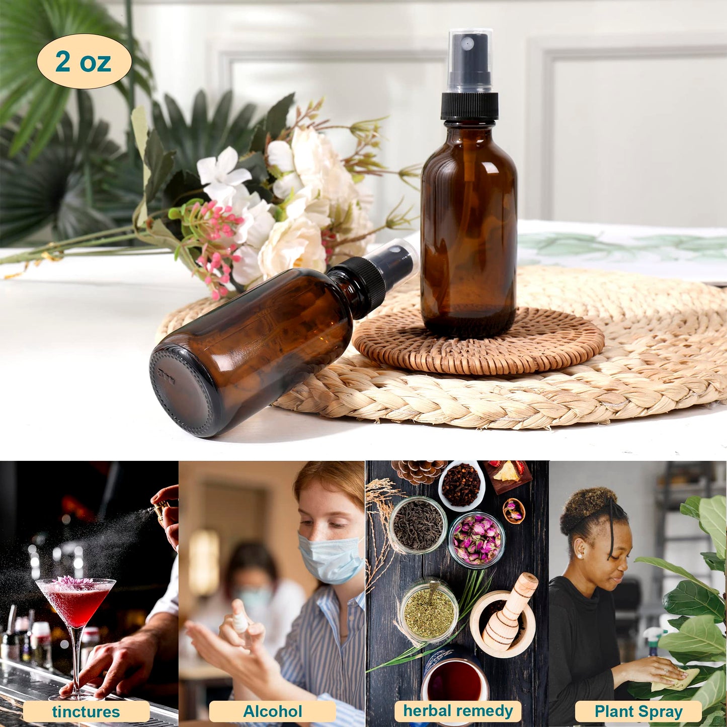 NOOEEISS Amber Glass Small Spray Bottle 2 oz 24 Packs,Fine Mist Sprayer Small Clear Bottles,Refillable Containers mini spray bottles for Cleaning Solutions and Skin Care (Amber 24pcs)
