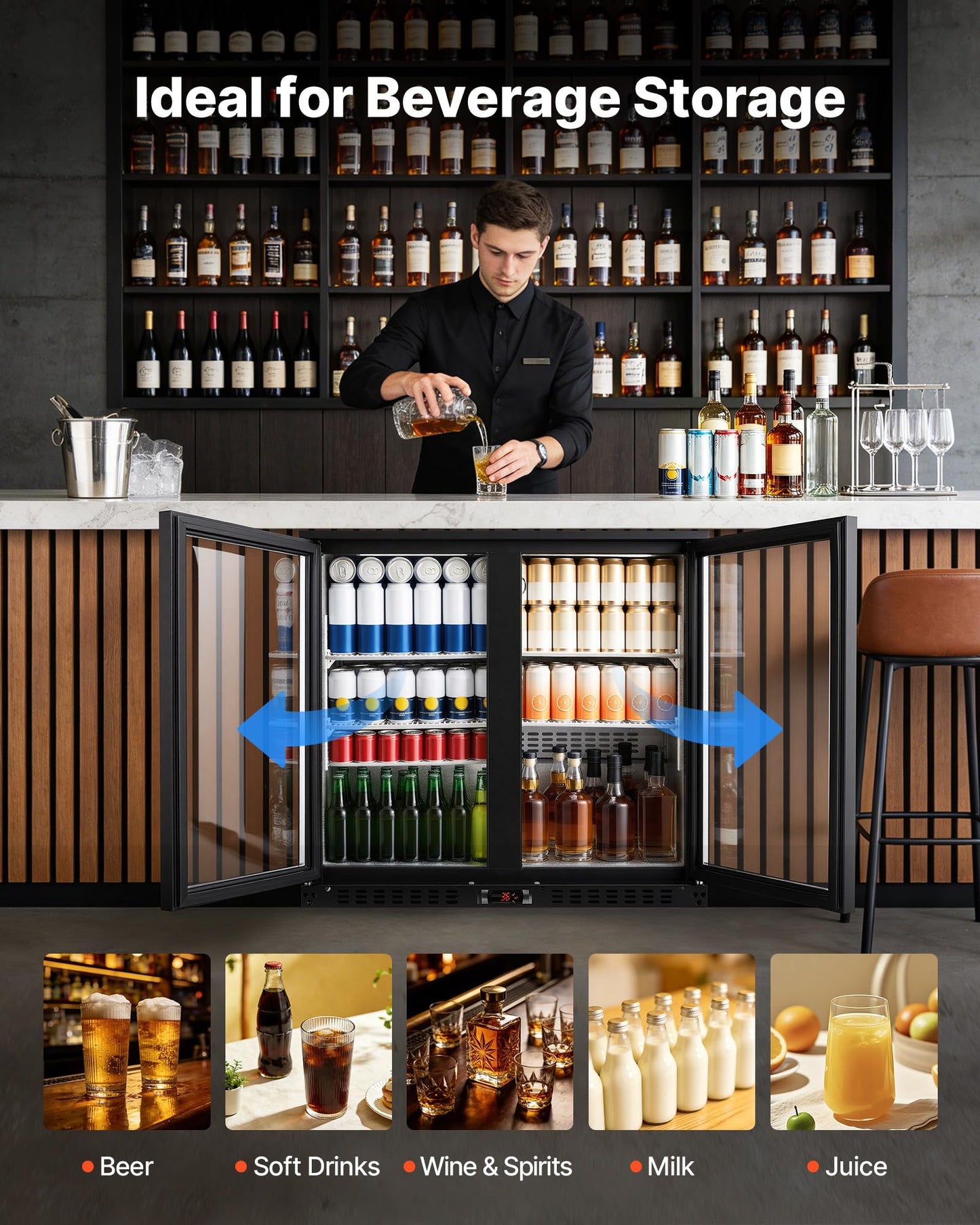 VEVOR Back Bar Cooler, 7.4 Cu. Ft Commercial Beverage Refrigerator, Under Counter Bar Fridge with 2 Sliding Doors, LED Lighting, Adjustable Shelves, Low-E Glass Display Cooler for Beer, Wine, Drink