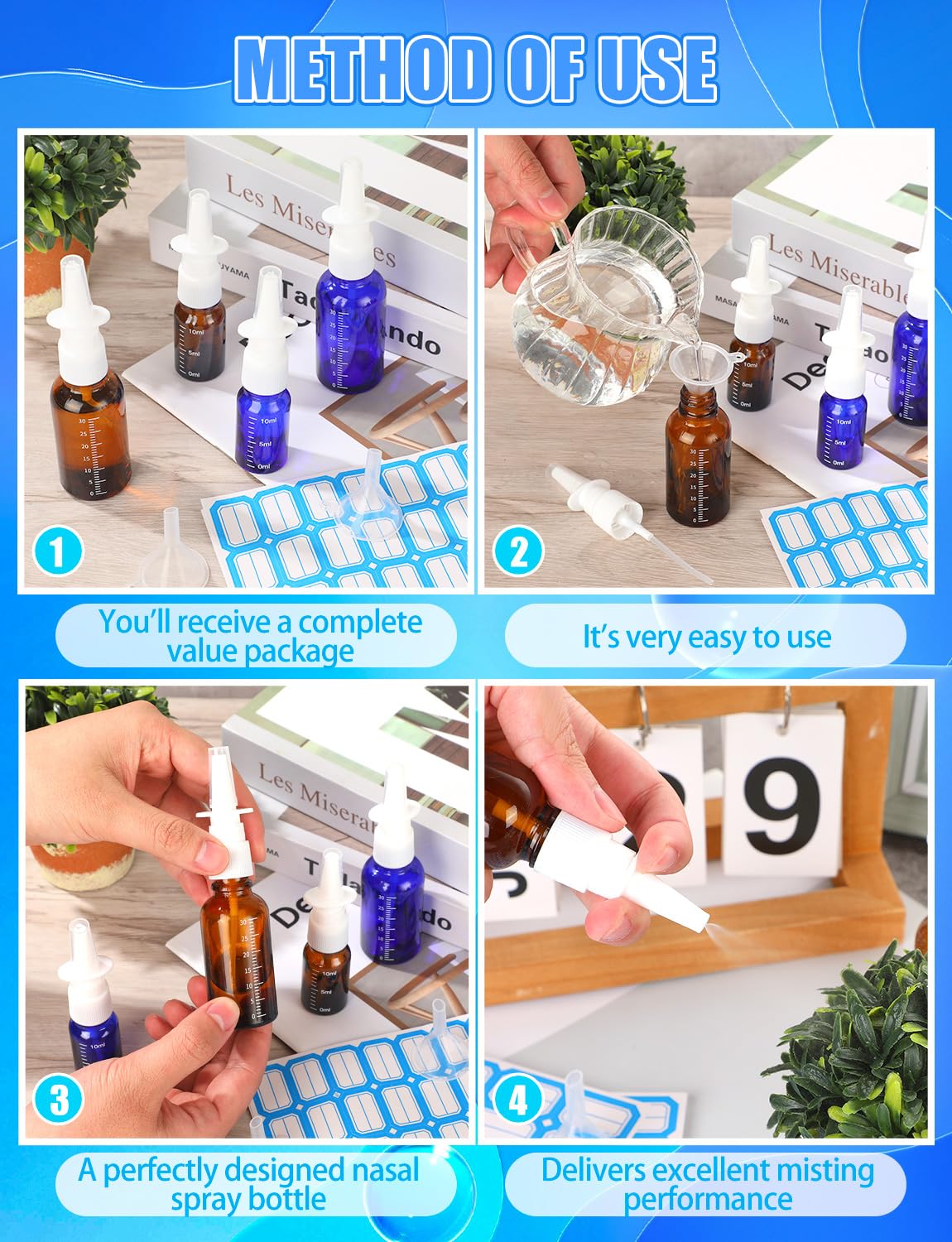 10 Pcs Nasal Spray Bottle, 10ML/0.35OZ 6Pcs Glass Empty Blue Scale Nose Spray Bottles Refillable with 2 Funnels and 2 Labels