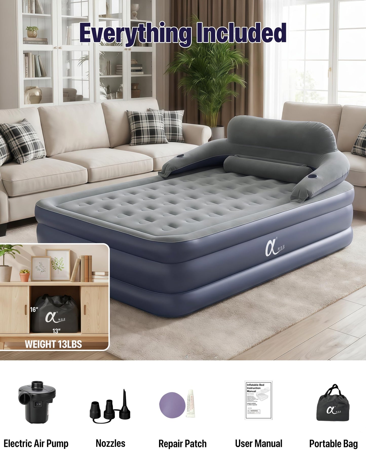 A-ER-FA Queen Air Mattress with Detachable Headboard and Cup Holder - 20 Height 700lbs Capacity Comfort Inflatable Bed for Guests Home Camping and Travel Durable Construction,Colchón Inflable,Air Bed