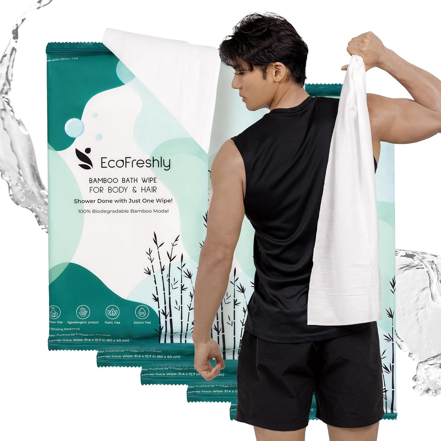 Shower Wipes for Adults — 31"x15" No Rinse Body Bath Wipes, Biodegradable & Individually Wrapped, Rinse Free for Camping, Travel, Gym, Post-Workout (5-Count)