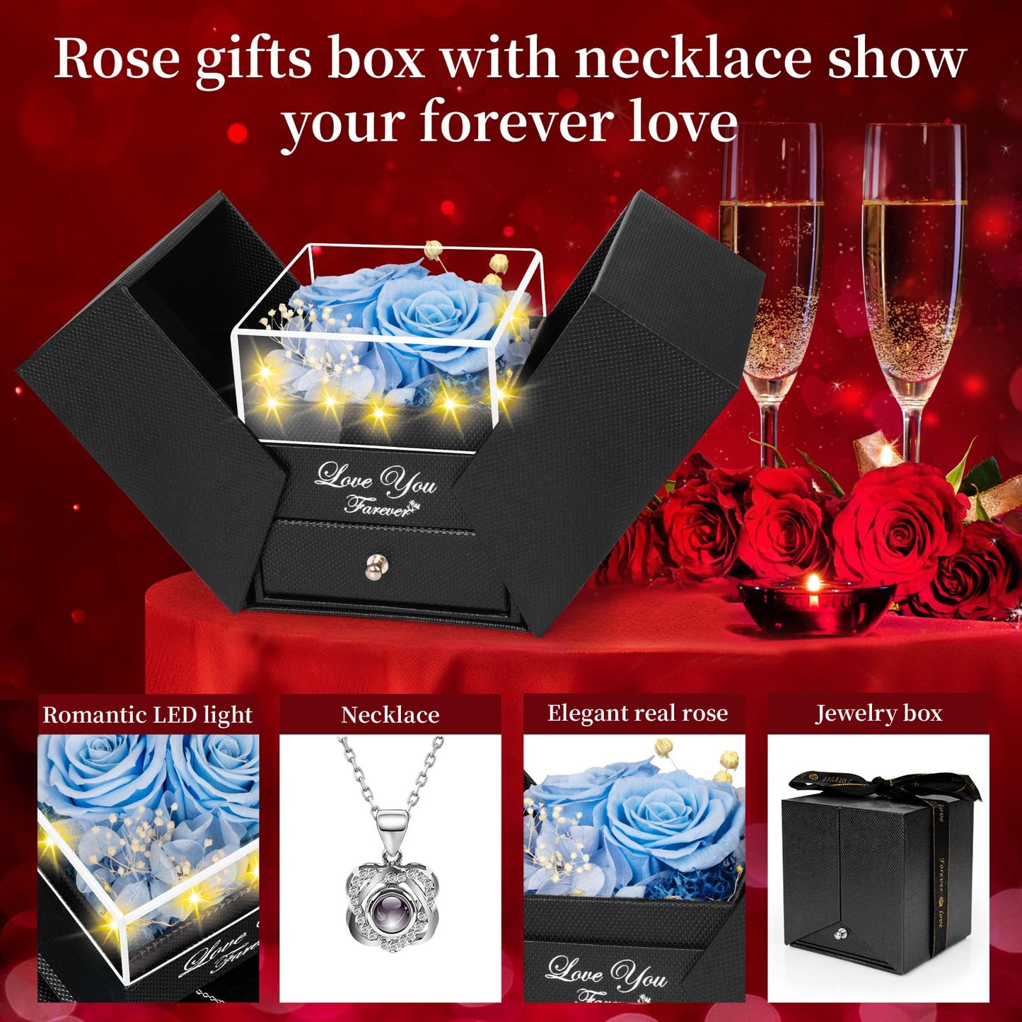 Preserved Sky Blue Real Rose with Heart I Love You Necklace -Eternal Flowers Rose Birthday Gifts for Women Her Mom Wife Girlfriend Grandma on Valentines Mothers Day Christmas Anniversary Romantic