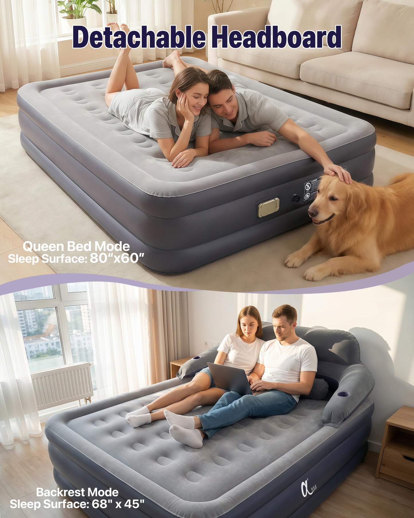A-ER-FA Queen Air Mattress with Detachable Headboard and Cup Holder - 20 Height 700lbs Capacity Comfort Inflatable Bed for Guests Home Camping and Travel Durable Construction,Colchón Inflable,Air Bed