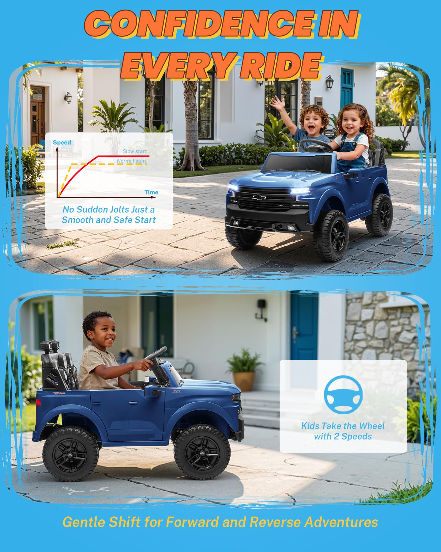 ENYOPRO 24V Ride on Toys, Licensed Chevrolet Silverado LT Trail Boss 2 Seater Ride on Car for Kids, Toddler Electric Car w/Remote Control, Safety Belt, Truck Bed Storage, LED Lights, Bluetooth, Black