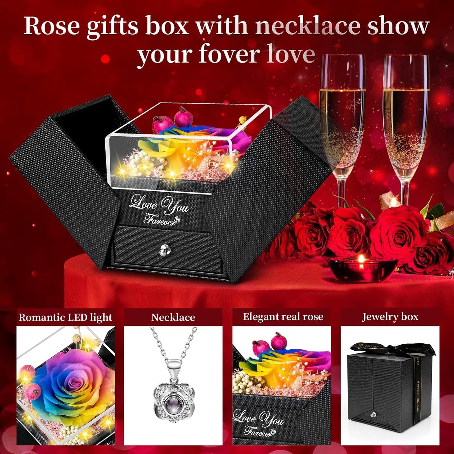 Preserved Sky Blue Real Rose with Heart I Love You Necklace -Eternal Flowers Rose Birthday Gifts for Women Her Mom Wife Girlfriend Grandma on Valentines Mothers Day Christmas Anniversary Romantic