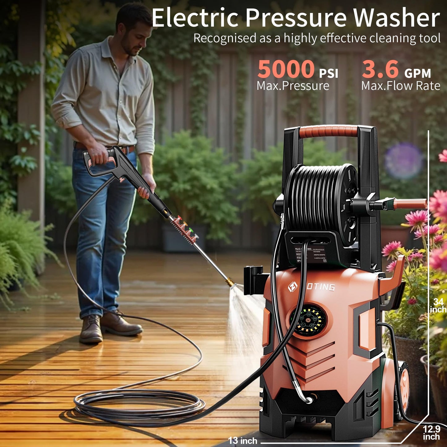 2026new Pressure Washer 5000PSI with Adj-8-Level Touch Screen, 34" Tall Power Washer, 4 Quick Connect Nozzles, Inlet Hose&Filter&500mlFoam Cannon for Cars/Fences/Driveways,Blue