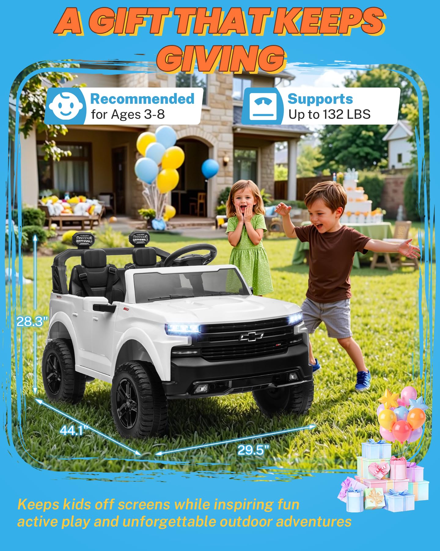 ENYOPRO 24V Ride on Toys, Licensed Chevrolet Silverado LT Trail Boss 2 Seater Ride on Car for Kids, Toddler Electric Car w/Remote Control, Safety Belt, Truck Bed Storage, LED Lights, Bluetooth, Black