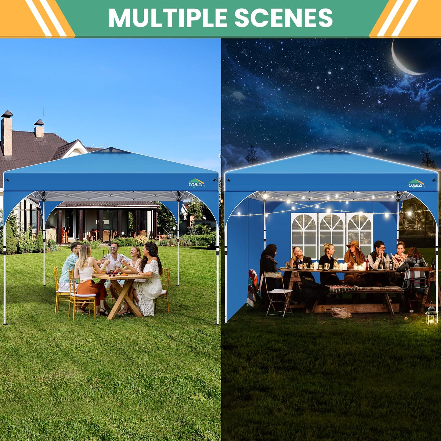 COBIZI 10x20 Pop Up Canopy Tent, Outdoor Party Tent with 4 Sidewalls, 1 Person Easy Set up, Tents for Parties with Fluorescent Strip & 4 Sandbags, Waterproof UPF50+, 3 Adjustable Height, Gray