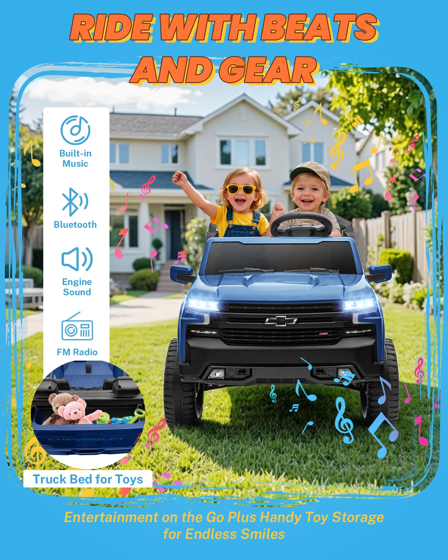 ENYOPRO 24V Ride on Toys, Licensed Chevrolet Silverado LT Trail Boss 2 Seater Ride on Car for Kids, Toddler Electric Car w/Remote Control, Safety Belt, Truck Bed Storage, LED Lights, Bluetooth, Black
