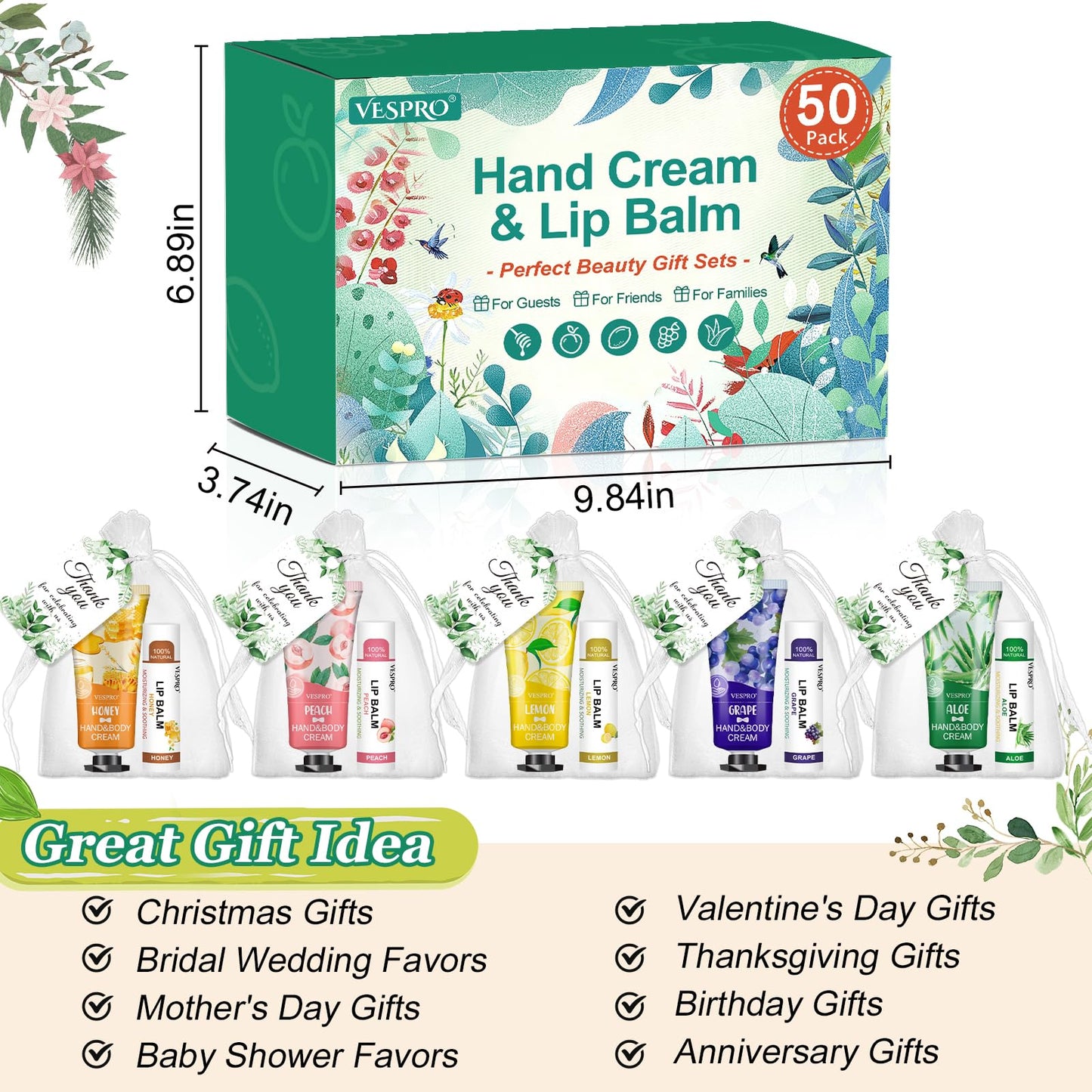 VESPRO 30 Pack Bulk Hand Cream and Bulk Lip Balm Sets, Mothers Day Gifts, Wedding Favors for Guests with Thank You Card and Organza Bags, Birthday Gift, Teacher Appreciation Gifts and Nurse Gift