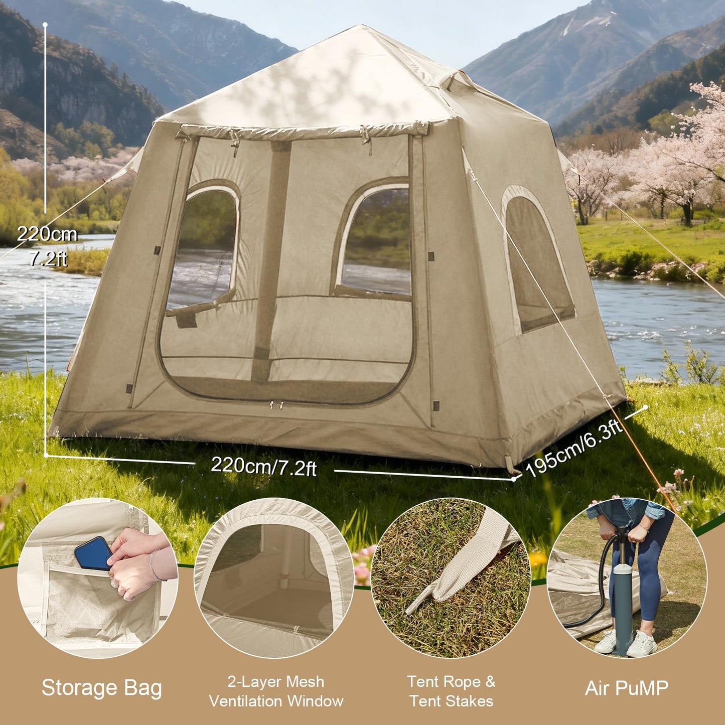 Inflatable Tents for Camping,Easy Blow Up Tent with Hand Pump,4 Seasons Waterproof Air Inflatable Camping Tent House for Family Weekend Camping